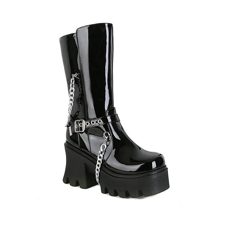 Trendy Solid Color Buckle Strap Chains Decoration Platform Boots