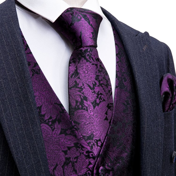 Black Purple Floral Jacquard Silk Men's Vest Hanky Cufflinks Tie Set