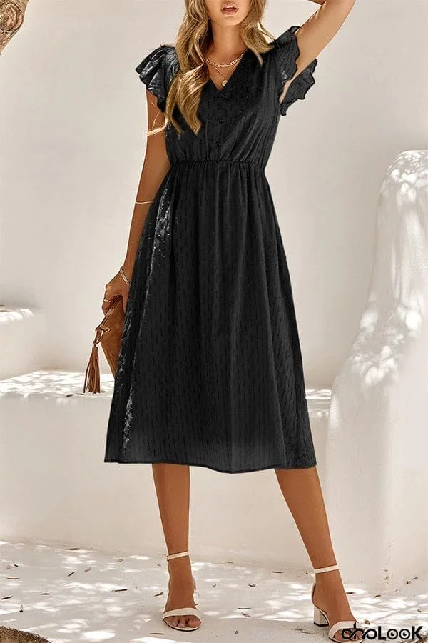 Sweet Elegant Solid V Neck A Line Short Sleeve Dress