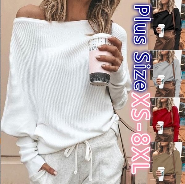Fashion Womens Sweater Solid Color Off-Shoulder Knit Long Sleeve T-Shirt Top  Plus Size S-8XL - Shop Trendy Women's Fashion | TeeYours