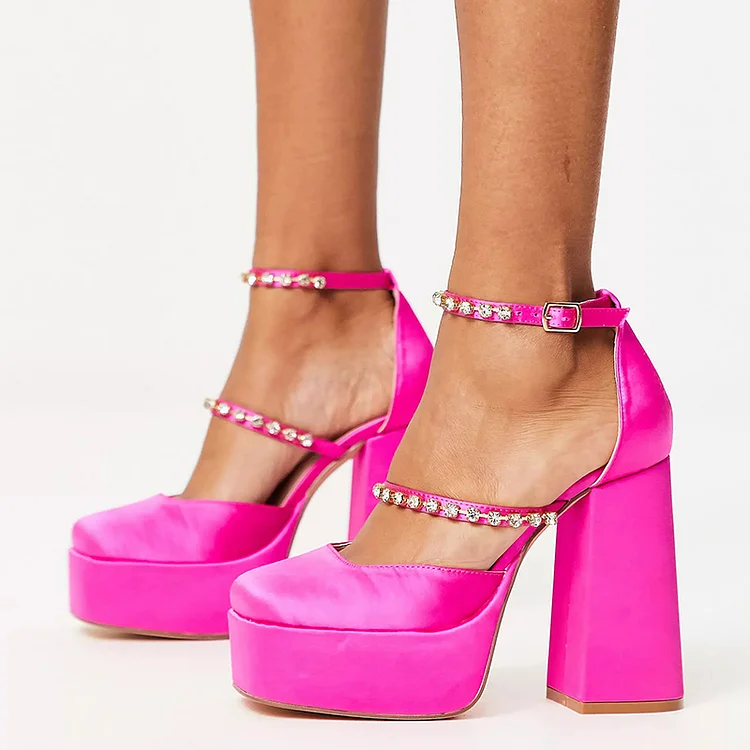 Hot Pink Satin Rhinestone Platform Pumps with Ankle Strap Vdcoo