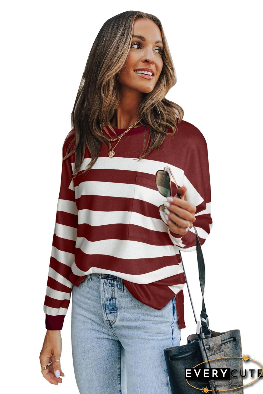 Red Stripe Striped Print Pocketed Long Sleeve Top with Slits