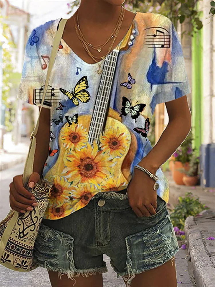 Women's Music Guitar Sunflower Butterfly T-shirt