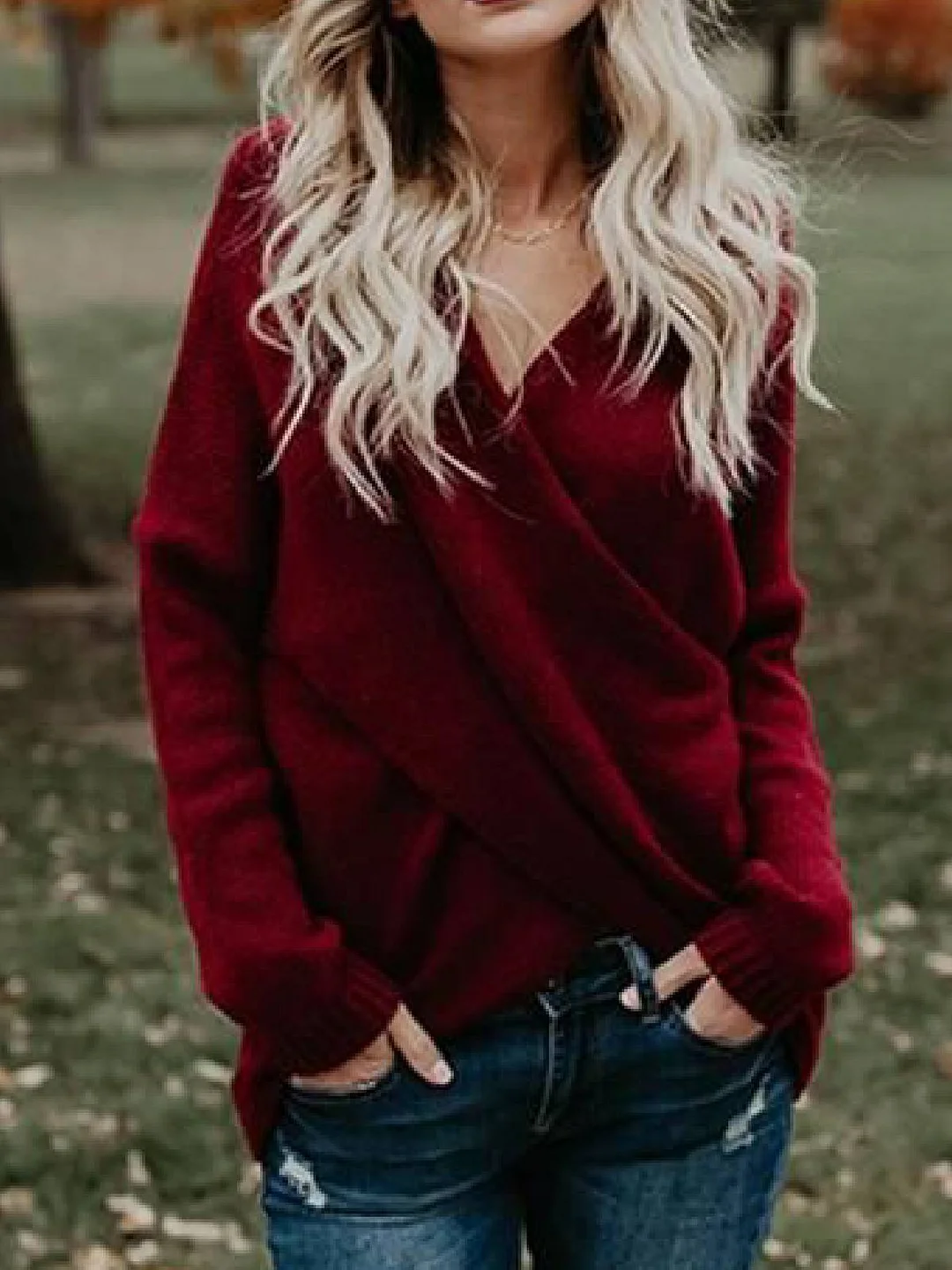 Wine Red V Neck Knitted Long Sleeve Sweater