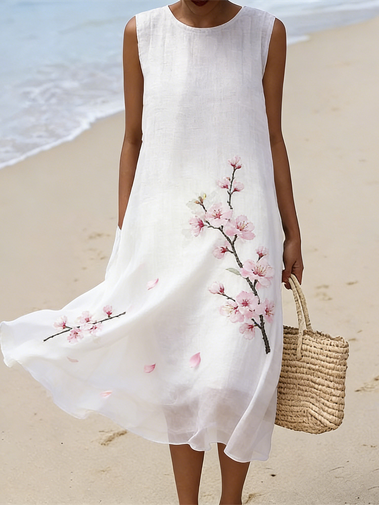 Japanese Style Pink Cherry Blossom Embroidered Fresh Cotton Linen Sleeveless Dress elevenforest