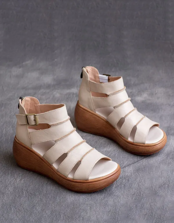 Women's Retro Leather Peep Toe Ankle Strap Sandals