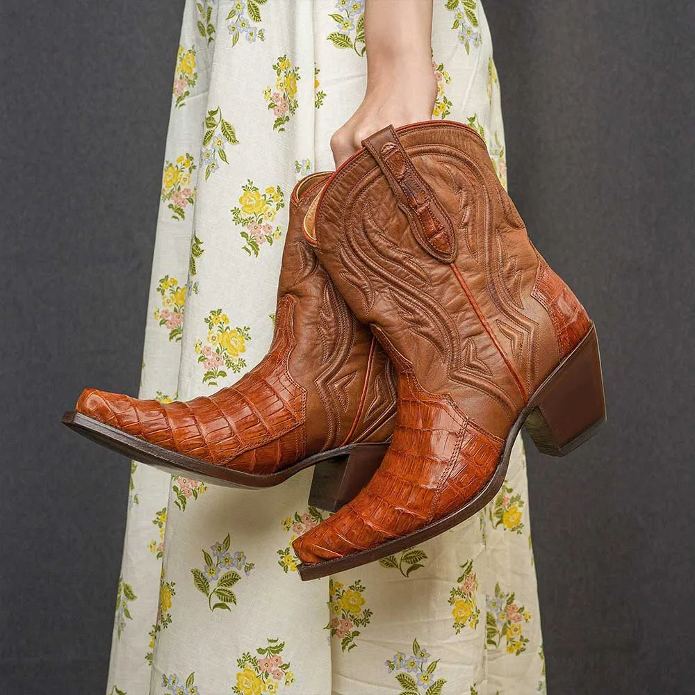 Tan Snip Toe Croc Embossed Women's Western Boots with Chunky Heel
