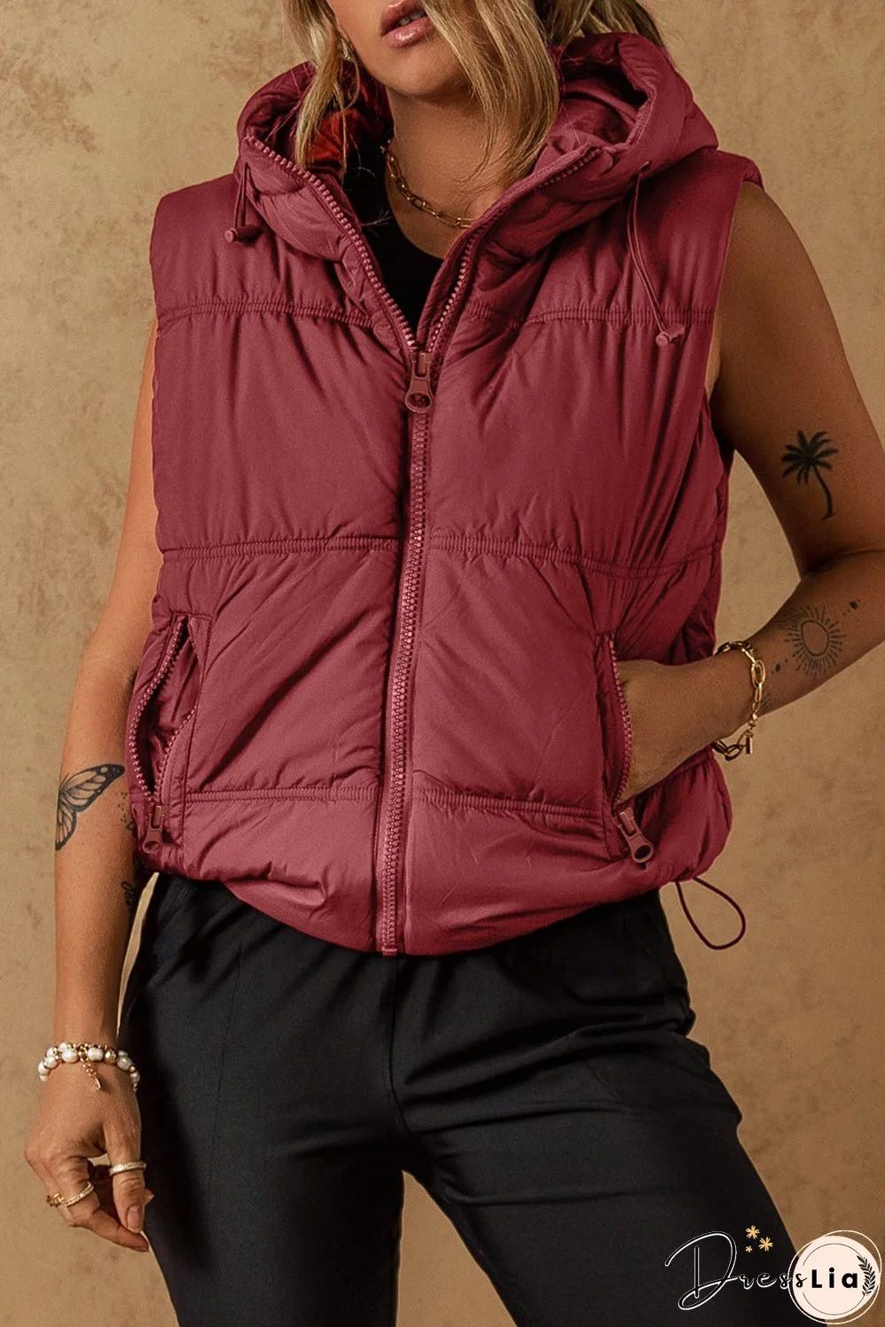 Zip-up Side Pockets Hooded Puffer Vest