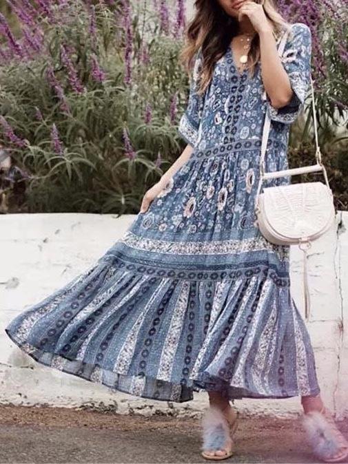 Holiday Style Beach Long Bohemia New Print Floral Buttoned Openwork Dress