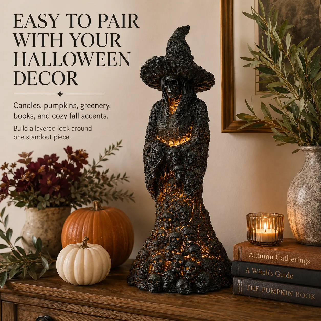 Complete Halloween display with glowing skull witch statue
