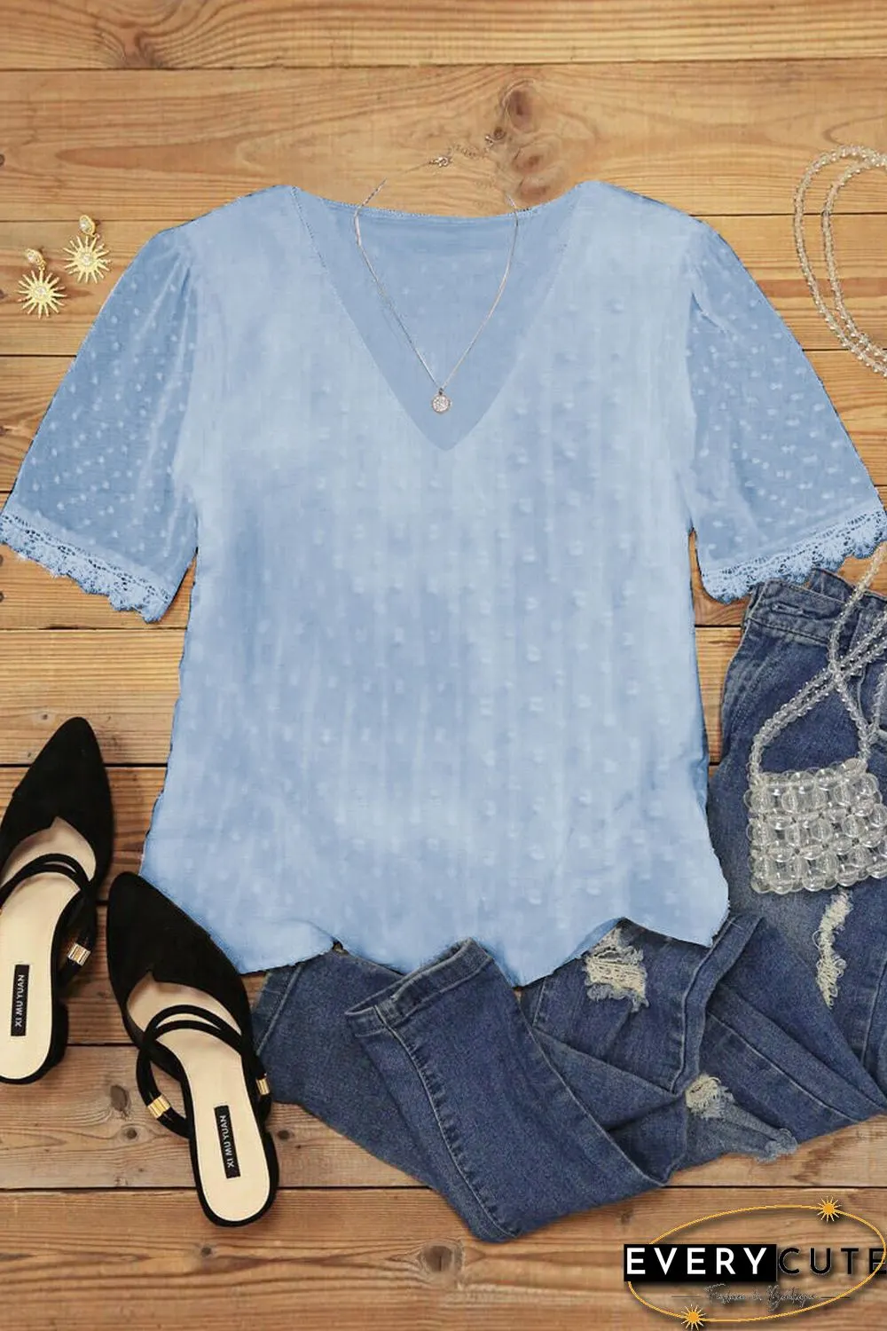 Sky Blue Swiss Dot Lace V Neck Shirt