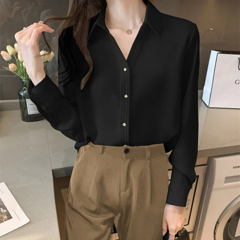 Korean Women Silk Shirts Satin Blouses Women Long Sleeve Shirts Tops Woman White Shirt Blouse Woman V-neck Shirt Top Plus Size