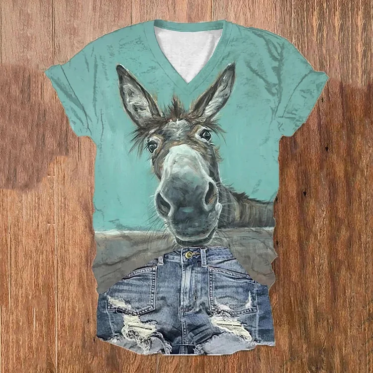 VChics Vintage Cute Donkey Printed Casual T-Shirt