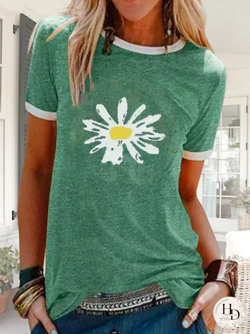 Green Short Sleeve Crew Neck Shirts & Tops