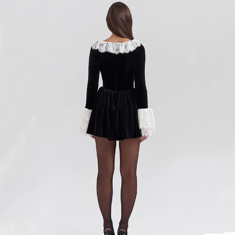 Uveng Uveng 2024 New Product Fashion Sexy Temperament French Court Lace Lace Velvet Long-Sleeved Dress