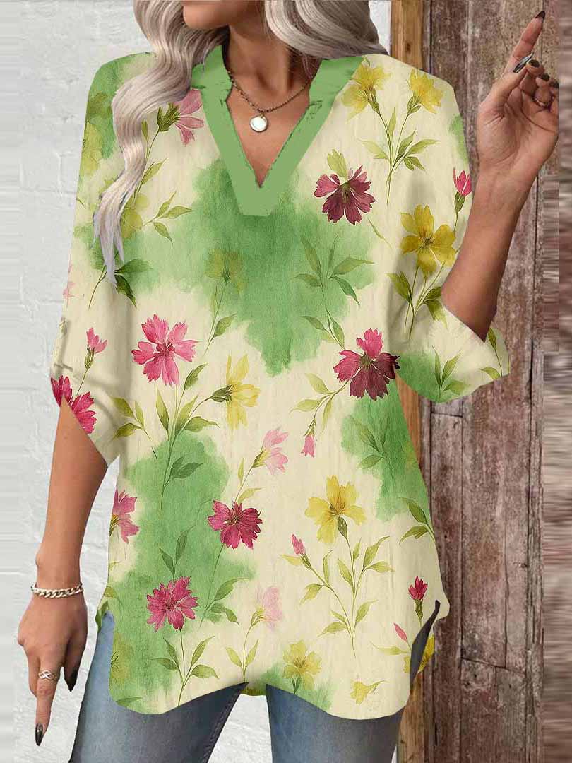Women Floral, Tie-dyed DZGA0147 3/4 Sleeve V-neck Printed Graphic Button Tops