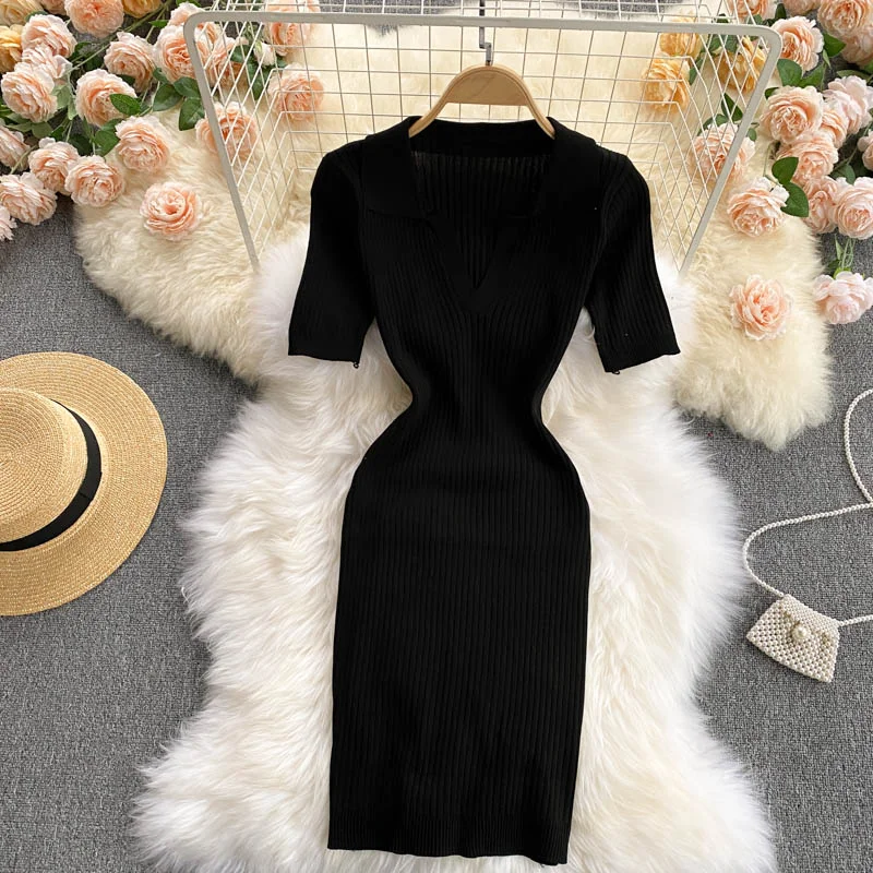 Croysier Women Dresses Summer 2021 Polo Neck Solid Color Casual Ribbed Knitted Dress Woman Short Sleeve Sexy Mini Bodycon Dress