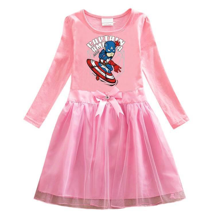 Girls Captain America Printed Cotton Long Sleeve Bow Tulle Dress-Mayoulove