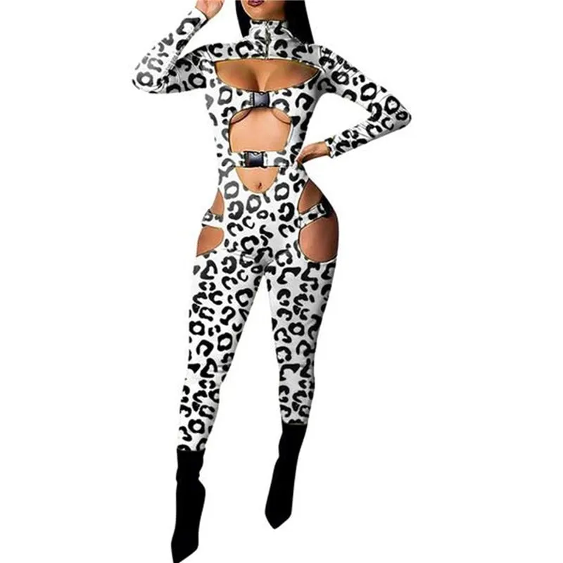 Sexy Women Bodycon Jumpsuit Solid Color Overalls Long Sleeves Rompers Bodysuits High Neck Hollow Out Buckle Biker Short Clubwear