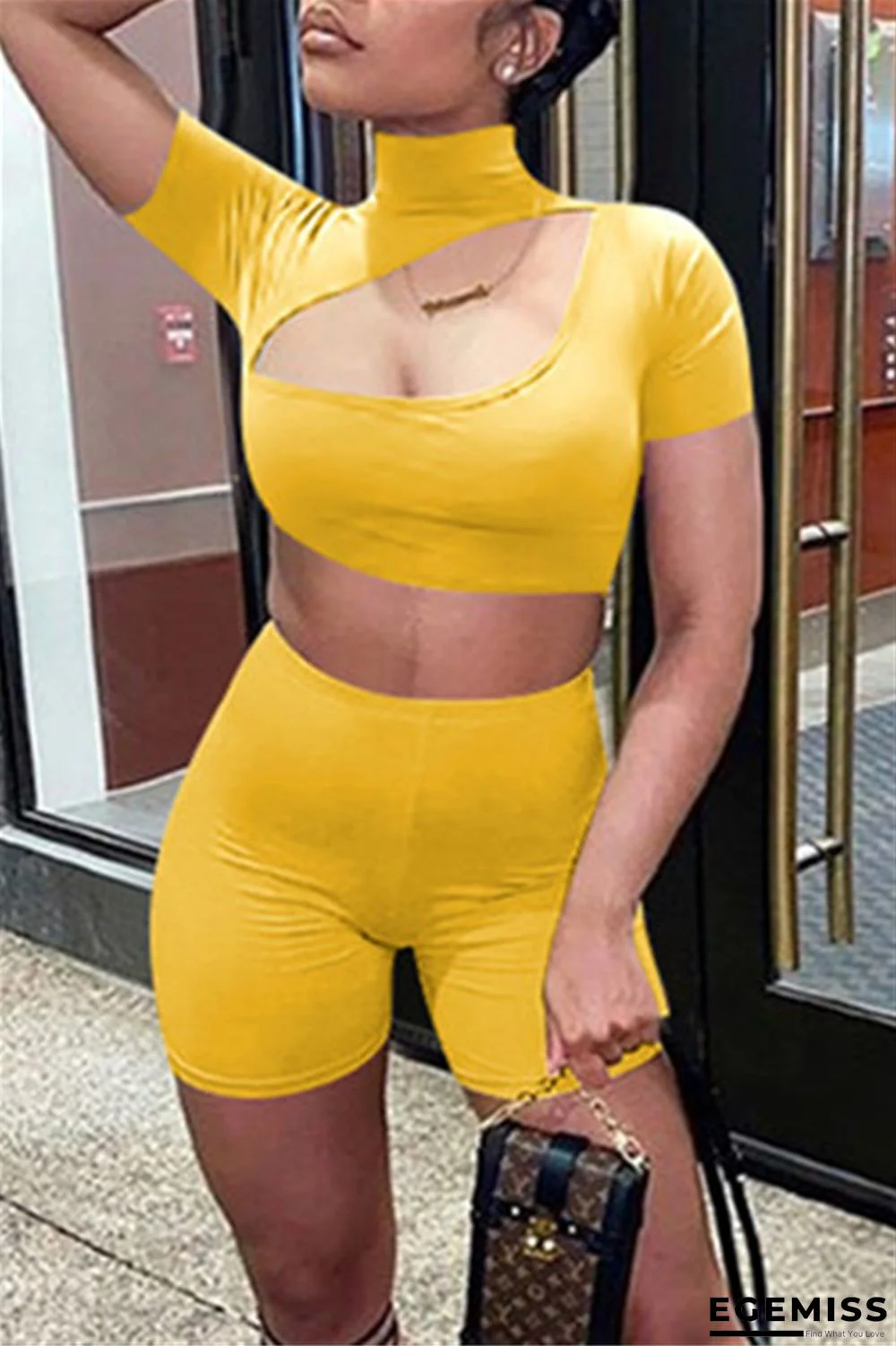 GoldenYellow Fashion Sexy Cutout Turtleneck Top Shorts Set | EGEMISS