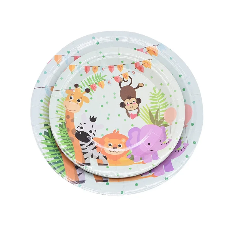 Safari Party Cartoon Animal Disposable Tableware Paper Cup Plate Tablecloth Kids Birthday Party Decoration Jungle Party Supplies