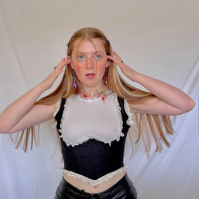 Rapcopter y2k Lace Frill Corset Top Backless Tie Up Tank Top Women Vintage Skinny Cute Sweats Breasted Vest Party Cummerbunds