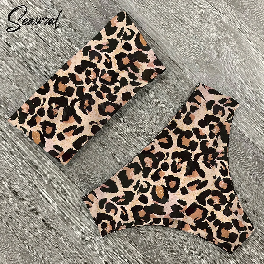 2022 New Sexy Low Hight Bikini Set Swimwear Women Bandeau Female Print Floral Strappy Swimsuit Bathing Suit Beach Wear Biquini