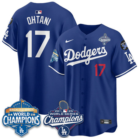 Men's Los Angeles Dodgers #17 Shohei Ohtani Royal 2025 World Series Champions Jersey