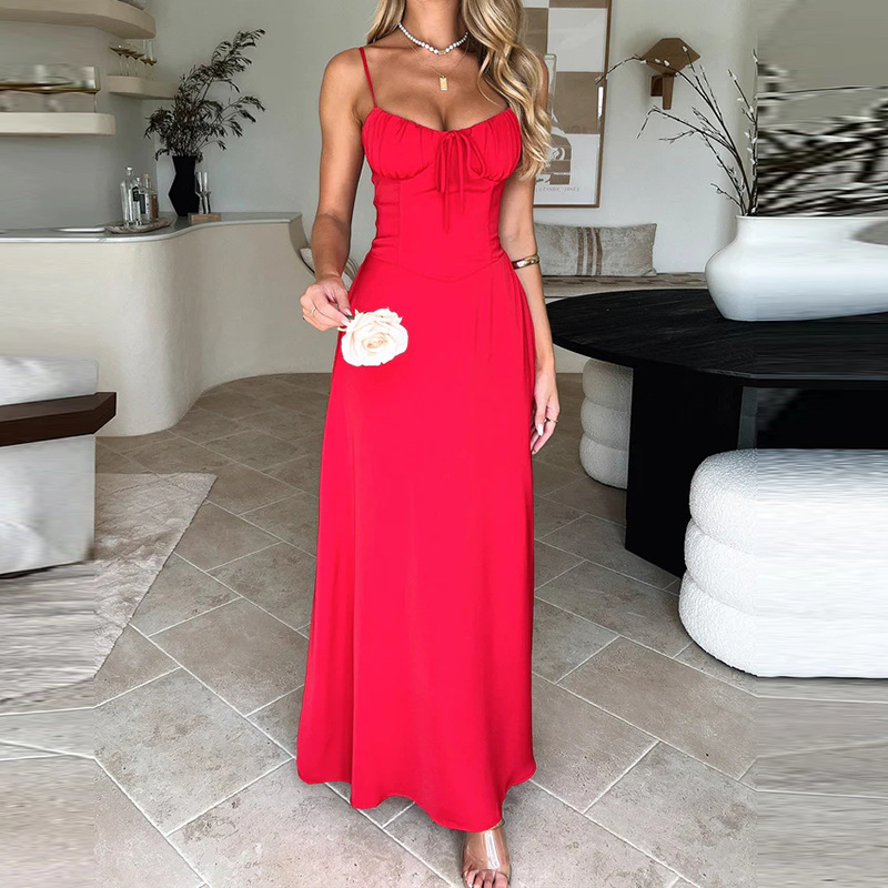 Mozision Spaghetti Strap Backless Pleated Long Dress For Women Fashion Lace Up Sleeveless A-line Loose Sexy Maxi Dress 2024