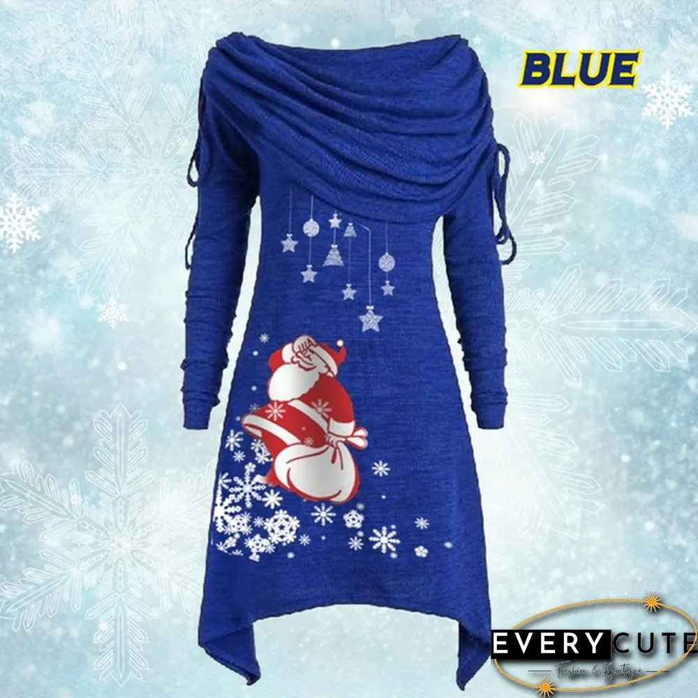 Womens Fashion Christmas Santa Claus Snowflake Print Ruched Foldover Collar Dress Cotton