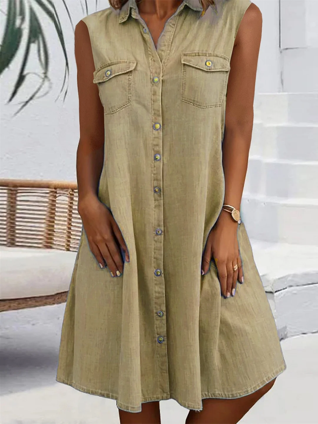 Women Sleeveless Shirt Collar Solid Button Pockets Midi Dress