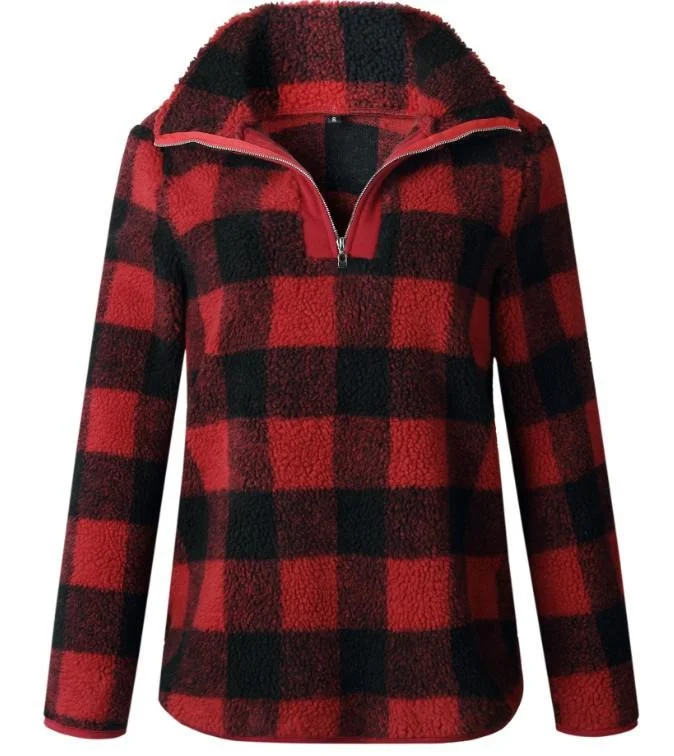 Band Collar Zipper Gingham Plaid Sweater/Sweatshirt