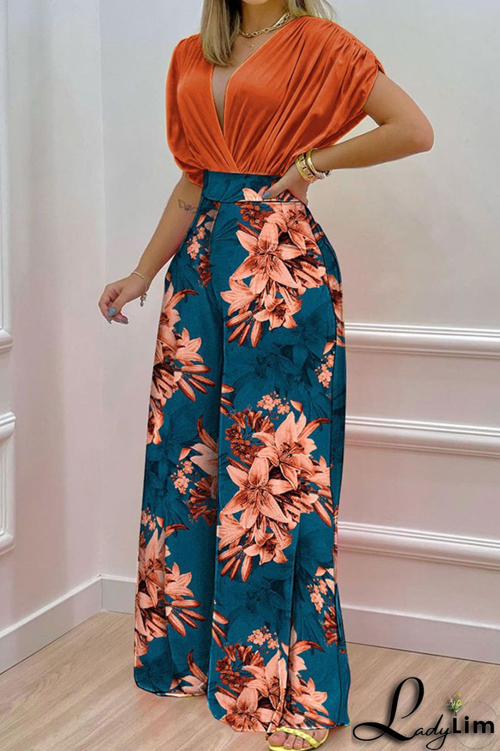 Green Casual Print Split Joint V Neck Short Sleeve Two Pieces