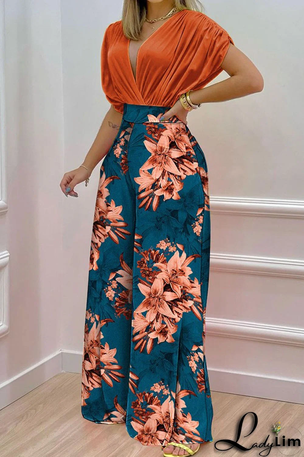 Green Casual Print Split Joint V Neck Short Sleeve Two Pieces