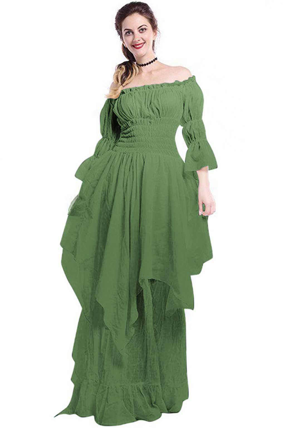 Plus Size Goth Black Off The Shoulder Flare Sleeve Ruffle Asymmetrical Layered Maxi Dress 2024 - Flycurvy 