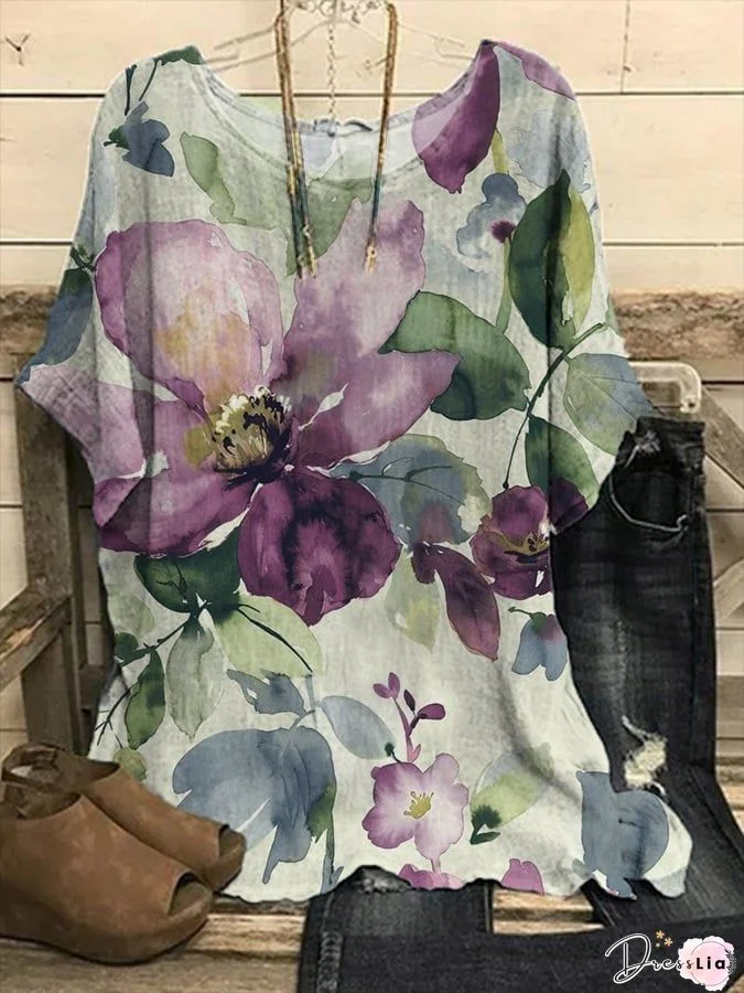 Loose Floral Print Ruffled Crinkled Blouse