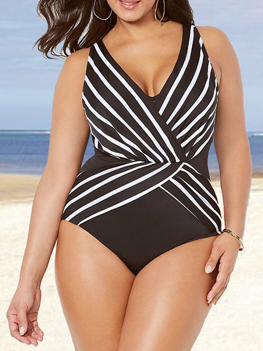 Women Sleeveless V-neck Striped Stitching One Piece Swimwear