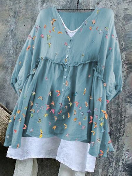 Casual 3/4 Sleeve Butterfly Print V-Neck Shirts