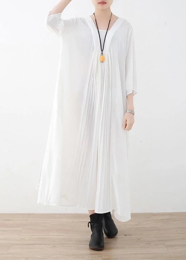 Natural Cinched chiffon Wardrobes design white v neck Traveling Dress summer