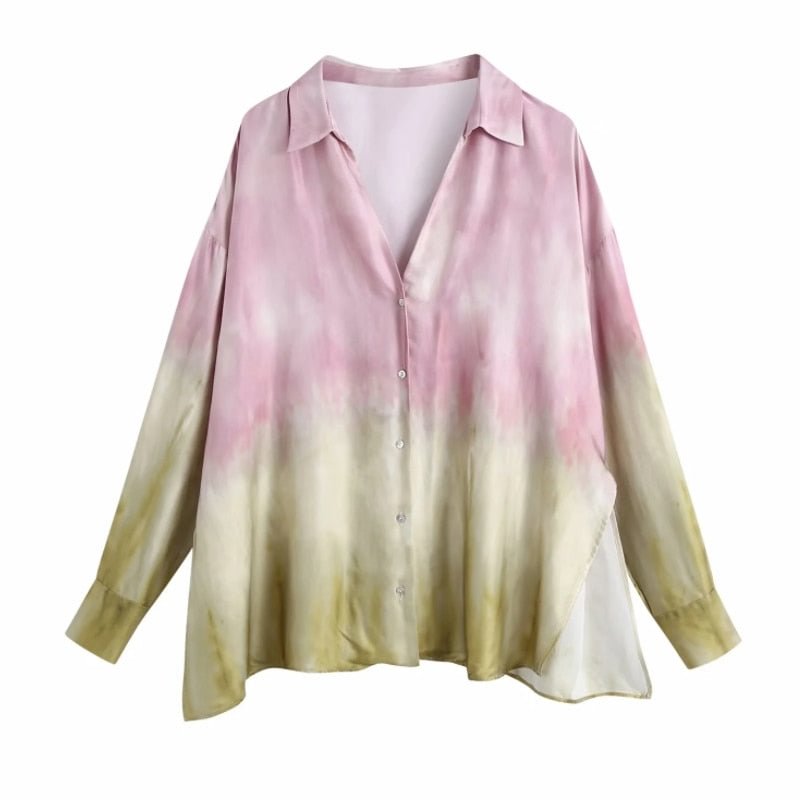 Women Tie Dye Printing Side Slit Loose Shirt Female Long Sleeve Blouse Casual Lady V Neck Tops Blusas S8729