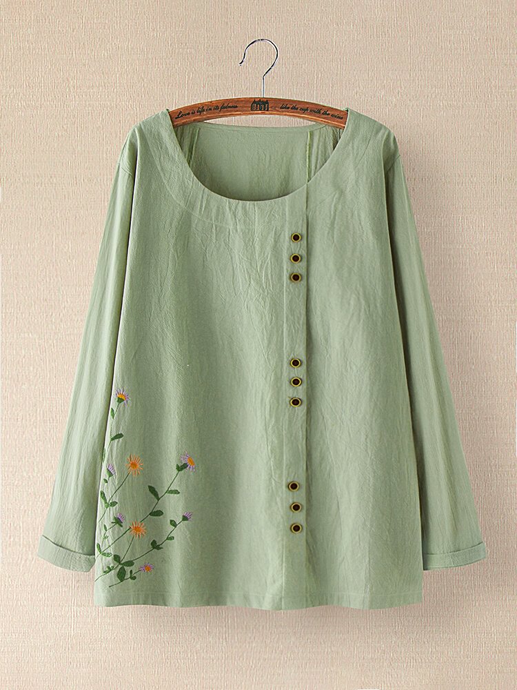 Floral Embroidery Vintage Button Long Sleeve Blouse For Women P1706946