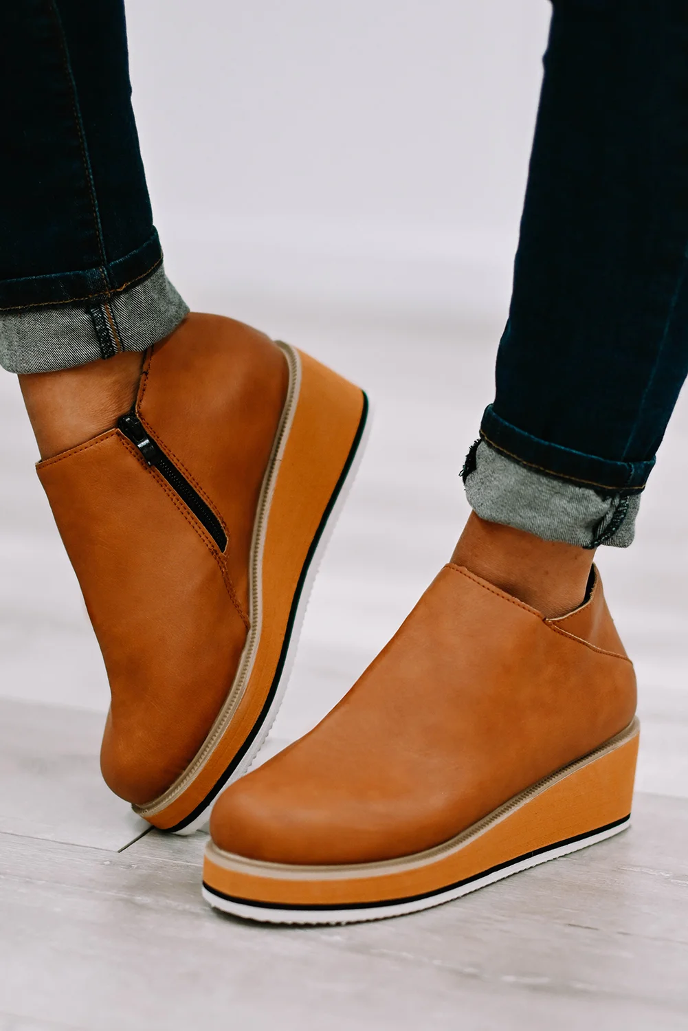 Khaki PU Leather Slip-on Platform Shoes | IFYHOME