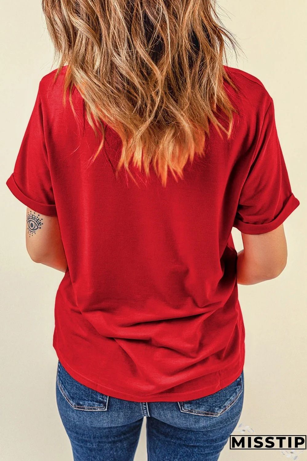 Red Casual Plain Crew Neck Tee