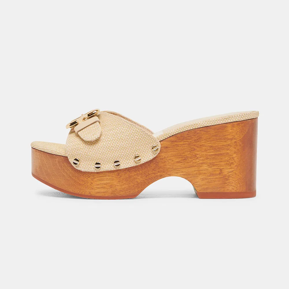 Beige Raffia Studded Open Round Toe Buckle Platform Slide Sandals