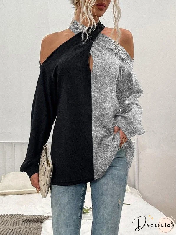 Printed Color Matching Off Shoulder Long Sleeve T-Shirt