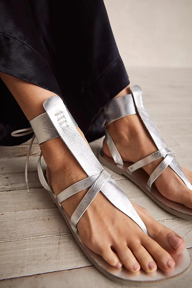 Metallic Sheen Cross Strap Tie Up Silver Sandals [Pre Order]