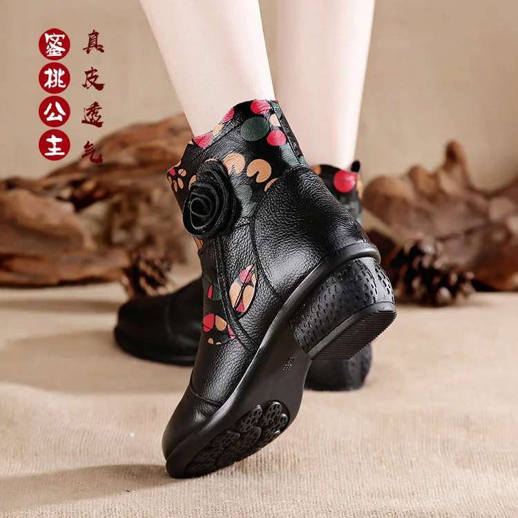 Churchf Churchf And Winter New Leather Shoes National Style Handmade Women's Boots Round Head Warm Large Size Cotton Shoes Leisure Boots-Outfit Ideas