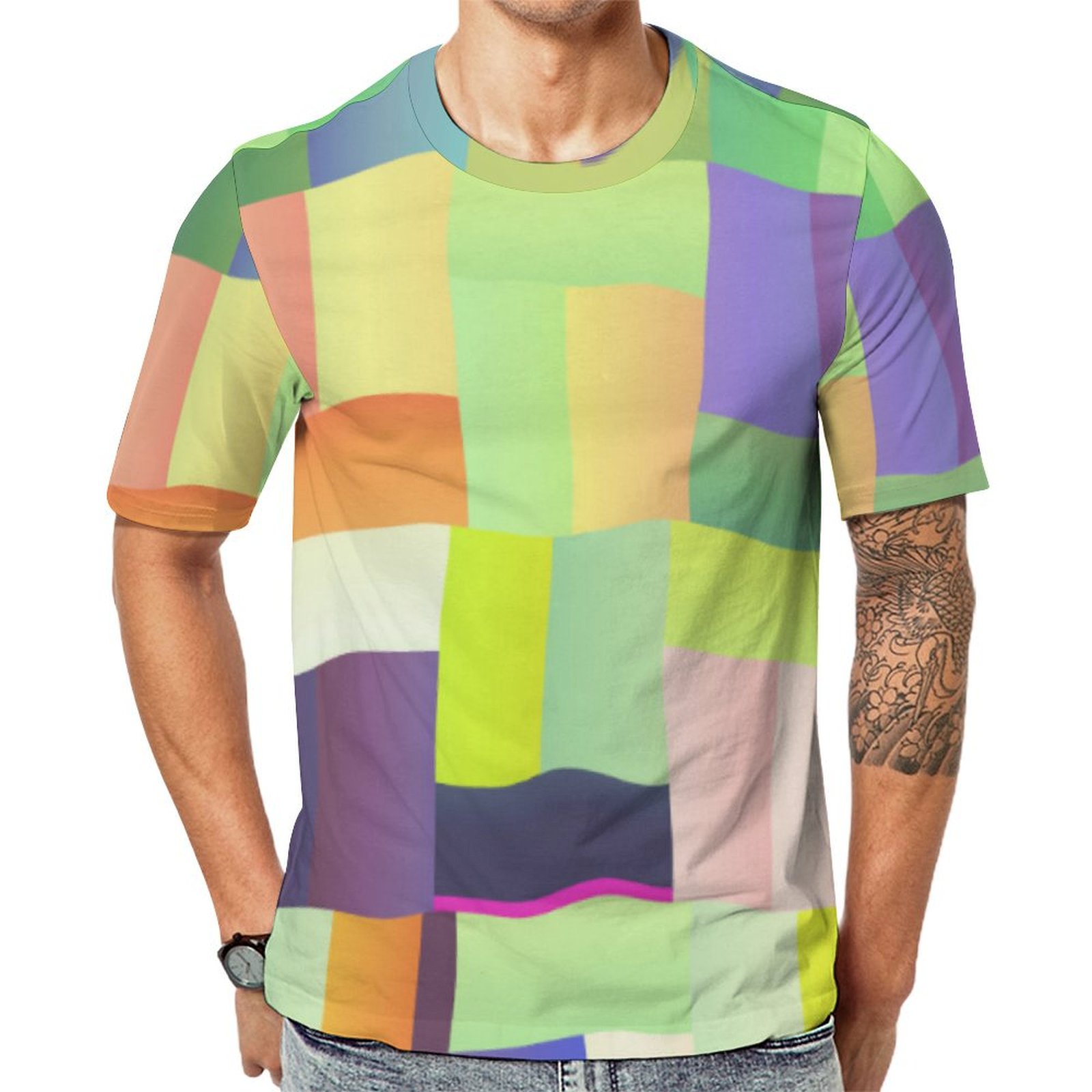 Lime Green Purple Color Block Short Sleeve Print Unisex Tshirt Summer Casual Tees for Men and Women Coolcoshirts