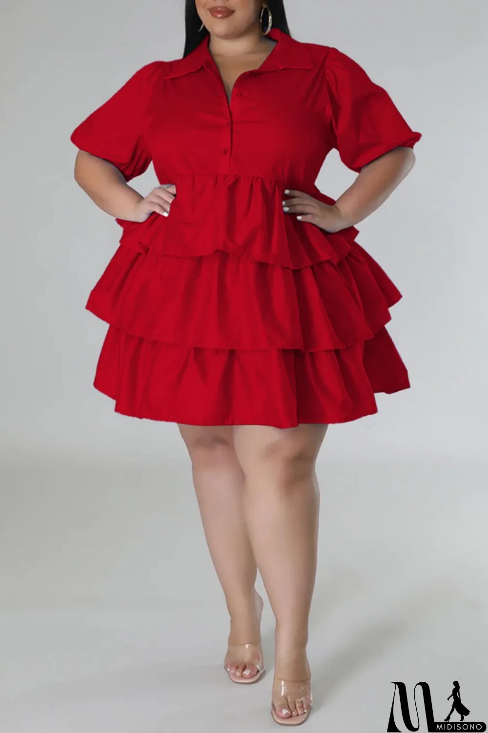 MidiSono - Light Blue Casual Solid Patchwork Turndown Collar Cake Skirt Plus Size Dresses