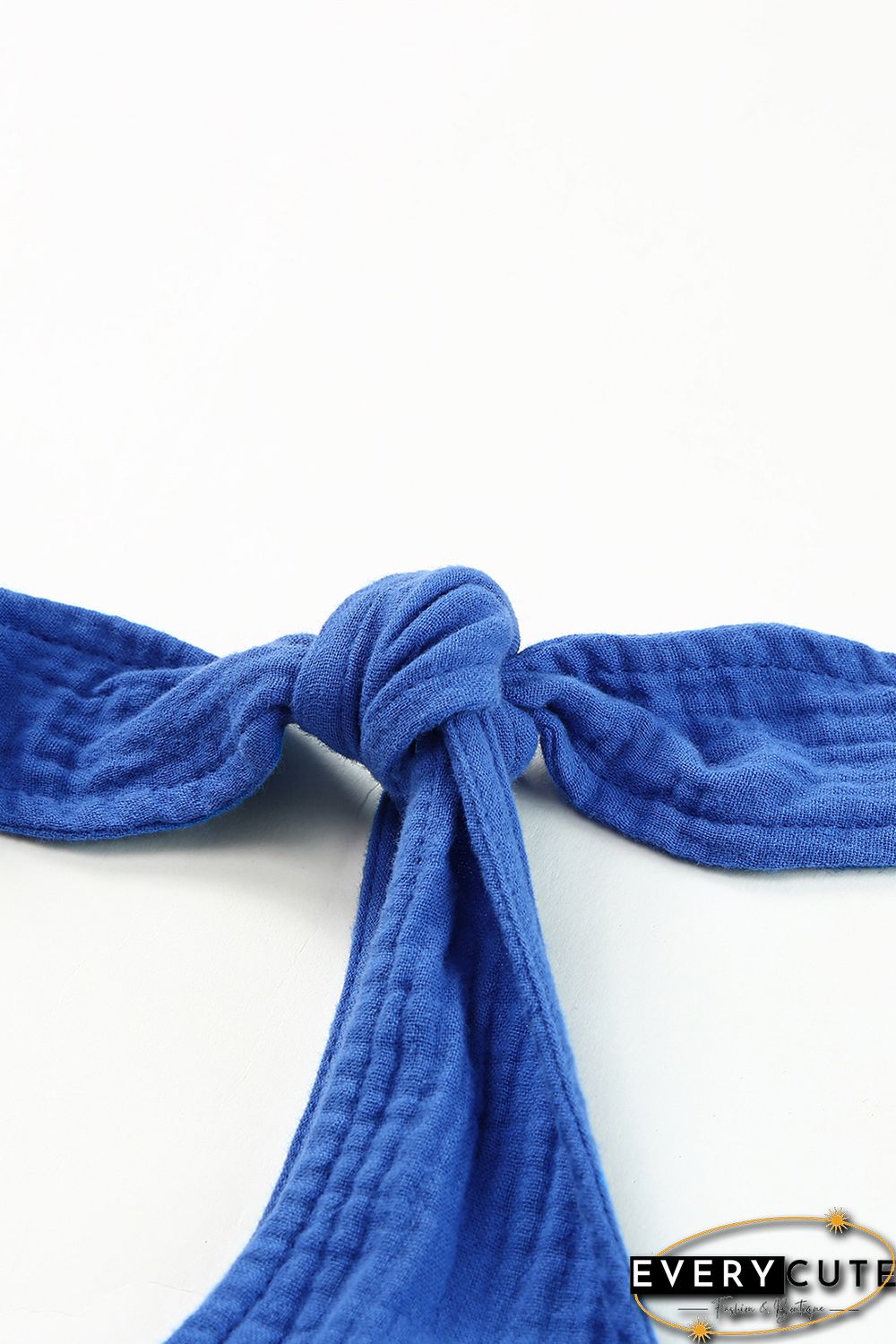 Blue Textured Knotted Straps High Waist Wide Leg Romper